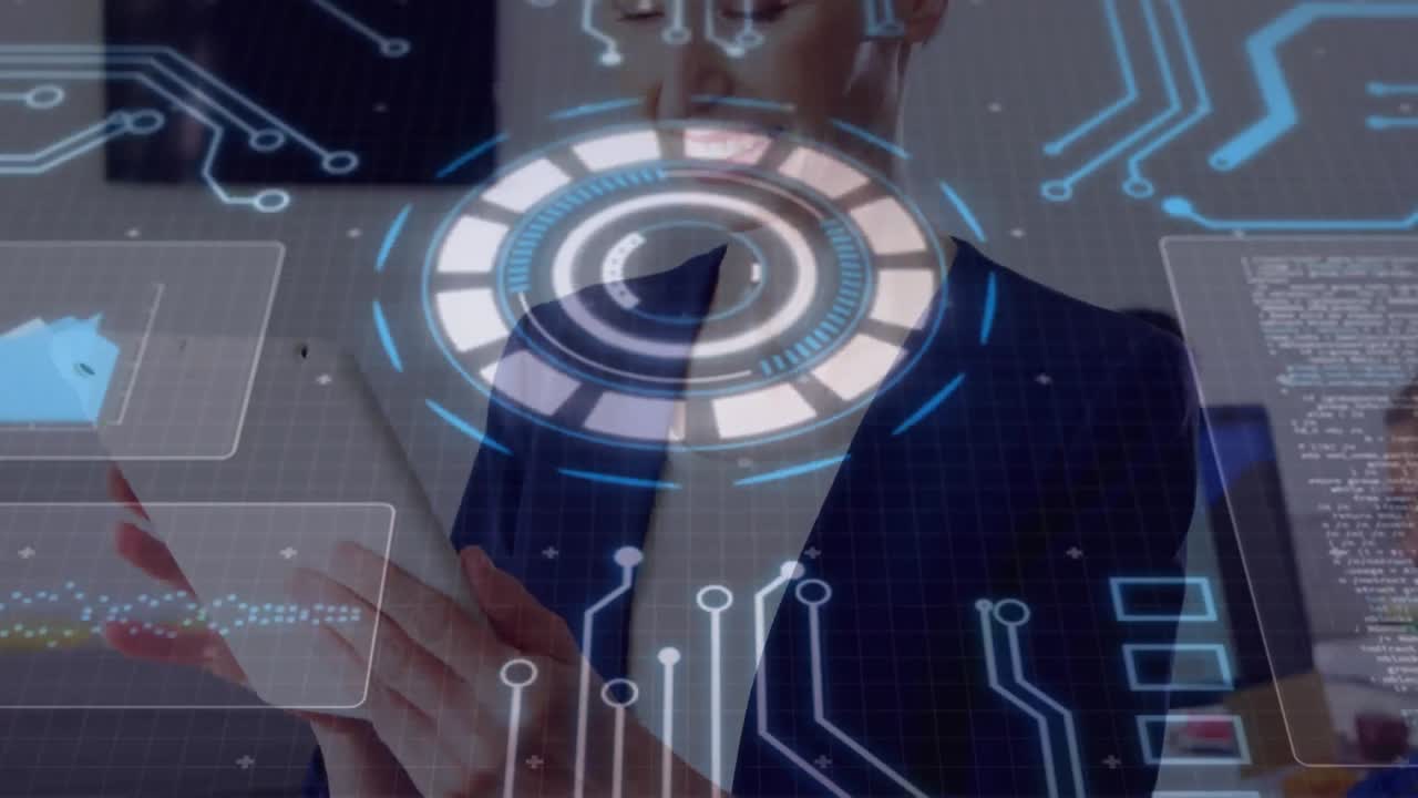 Animation of glowing circular scanner rotating with circuitboard, over businesswoman using tablet