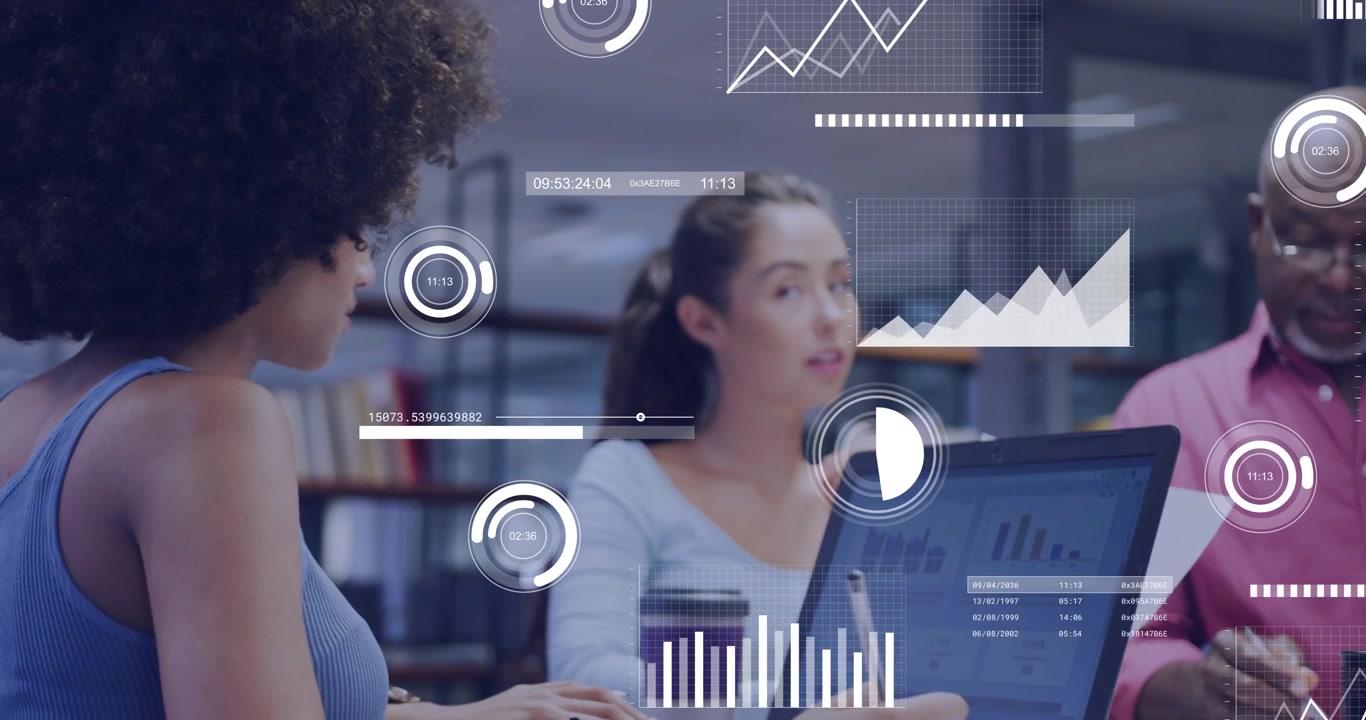 Left woman typing, center woman pointing starting HUD charts over laptops, man joining tech review