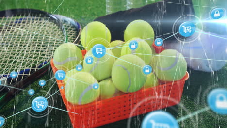 tennis basket being animated on turf, featuring rackets, towels and digital cart padlock icons