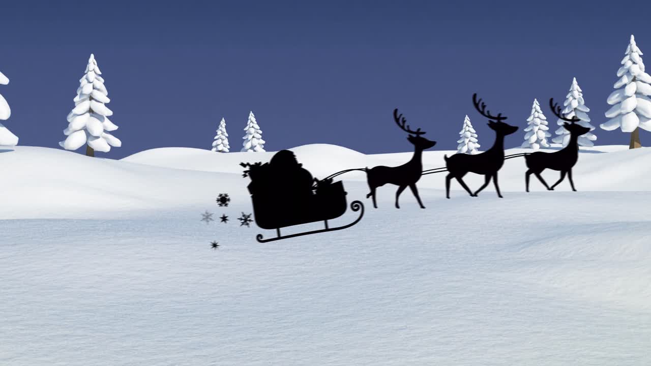 Animation of santa claus in sleigh with reindeer seen seen through window