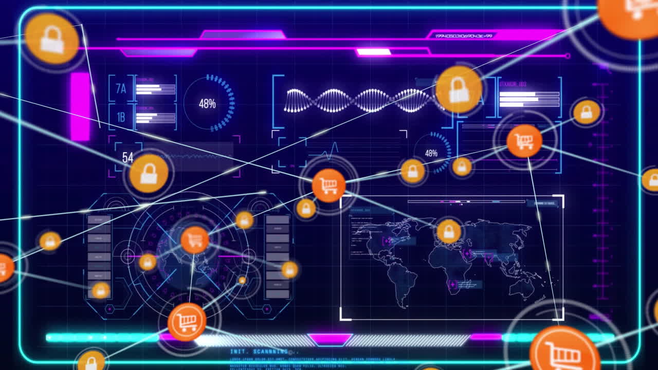 Shopping cart and security lock icons connecting over futuristic data interface animation