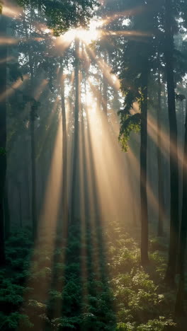 sunlight piercing the misty forest