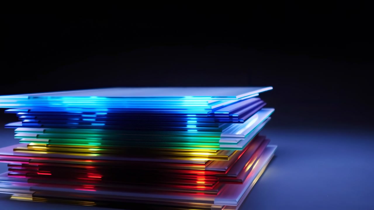 Stationary stack of thin glass or acrylic panels on dark tabletop, lit by shifting colored LED bands across edges, producing cyan, blue, green, and red glow with glossy reflections