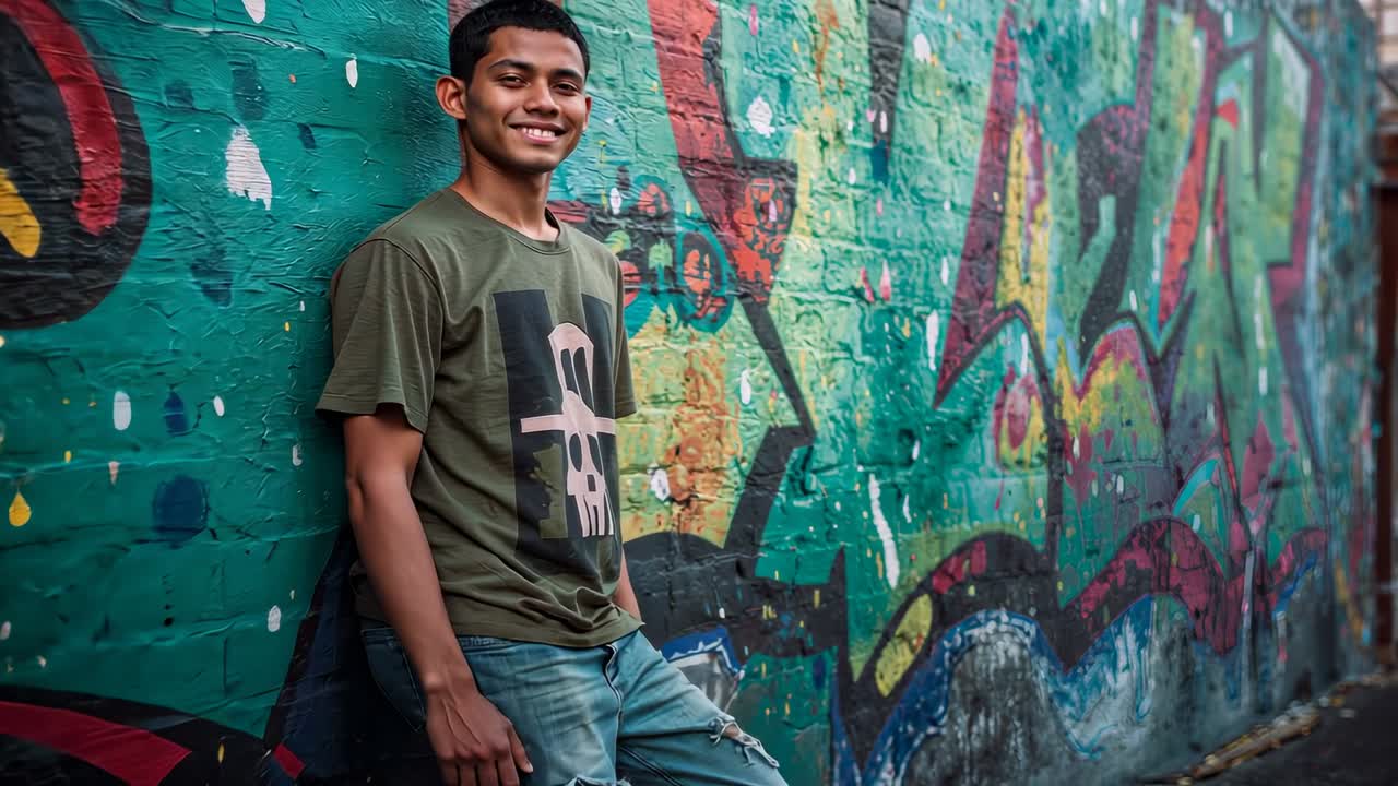 Smiling teen leaning on graffiti wall, olive T-shirt and ripped jeans, camera moving in, copy space