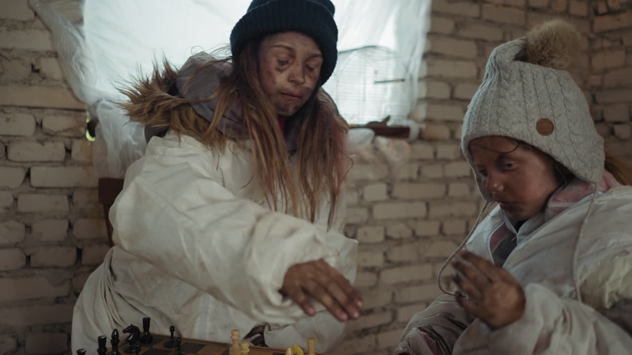Dirty child scratches wool hat while another makes chess move and taps clock inside cold brick-walled room, showing survival mood with broken birdcage and plastic covered window in background