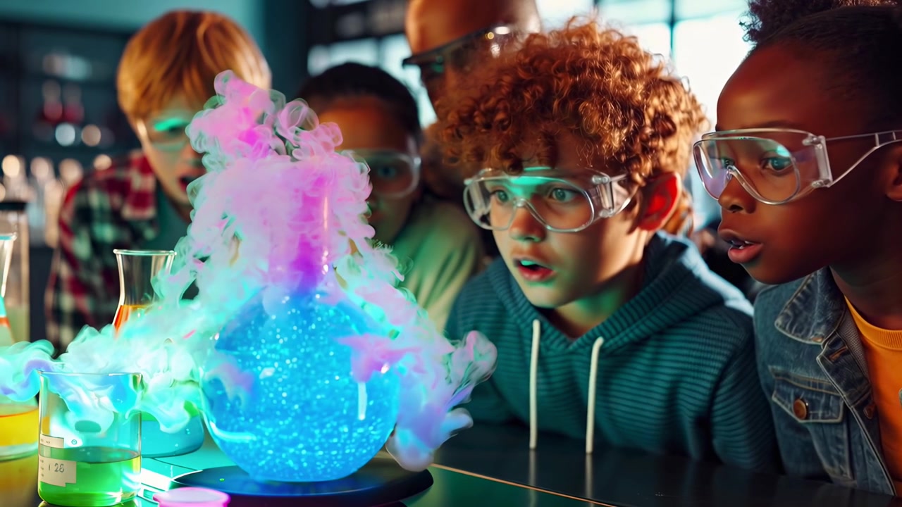Diverse Children Watching a Colorful Science Experiment with Amazement