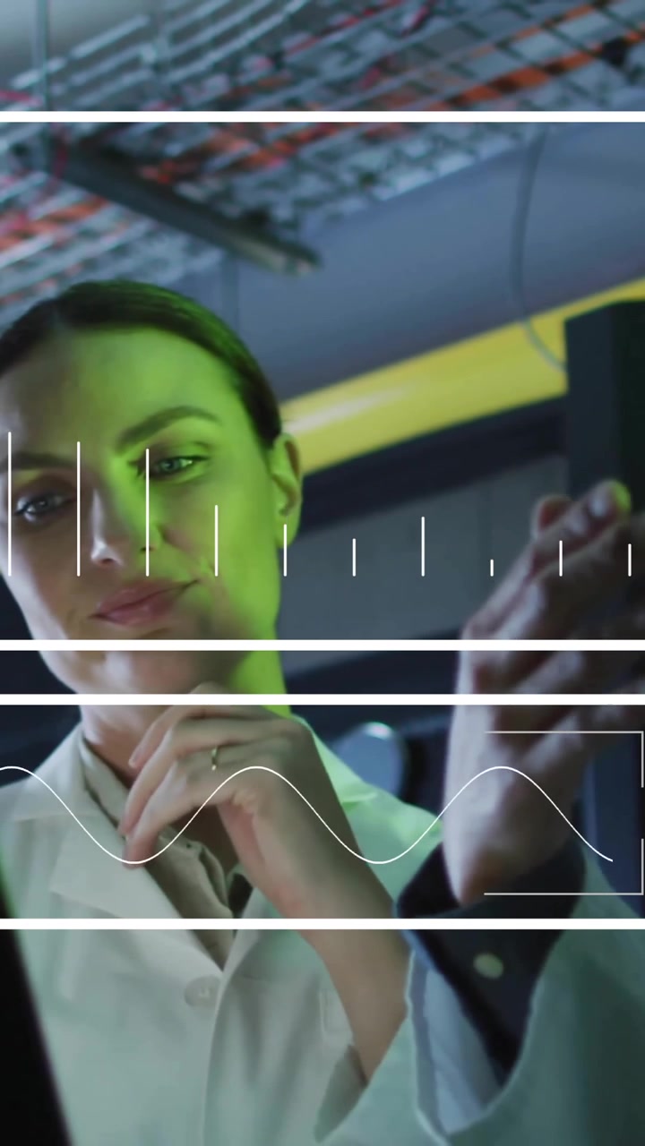 Cientistas em laboratório analisando dados com gráficos digitais e sobreposição de animação.