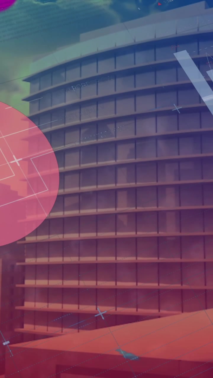 Animation of abstract pattern and infographic interface over modern buildings against cloudy sky