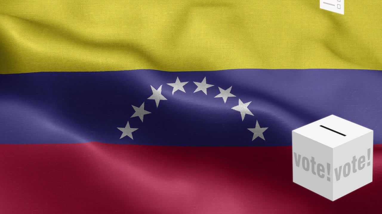 Cédulas voam para a urna para a eleição da Venezuela - Urna eleitoral em frente à bandeira