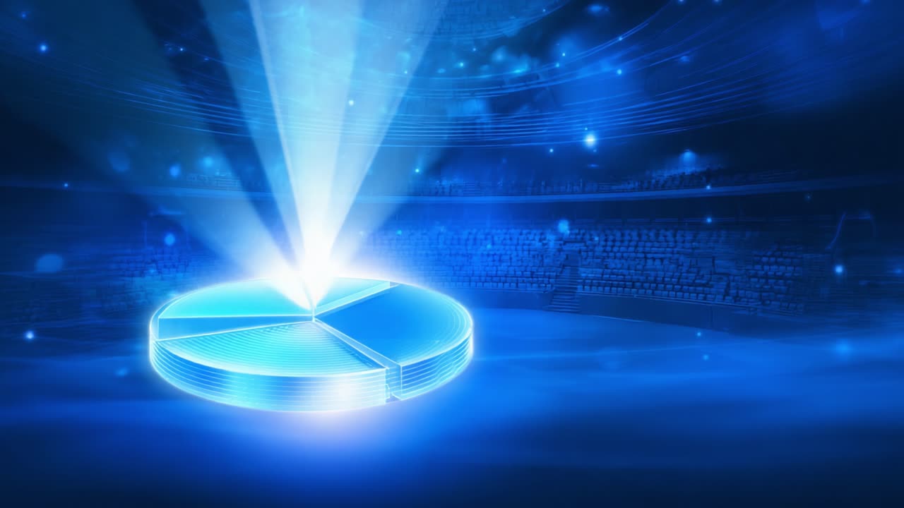 Futuristic blue backdrop with a glowing holographic pie chart projection, pulsing light rays and streaming data visuals to represent business analytics, finance reporting and digital innovation
