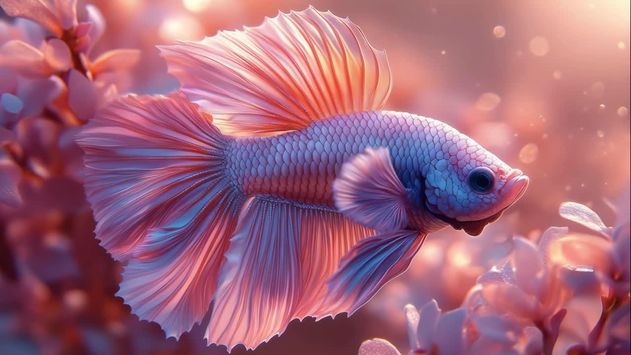 Colorful betta fish swims among blossoms. A vibrant betta fish glides through delicate blossoms, showcasing its striking fins and colors in soft light.