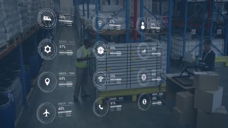 animation of icons with data processing over diverse workers in warehouse