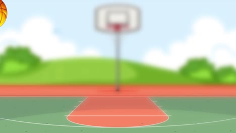 a basketball bounces rhythmically on a vibrant outdoor court, showcasing dynamic motion and playful energy in a colorful setting