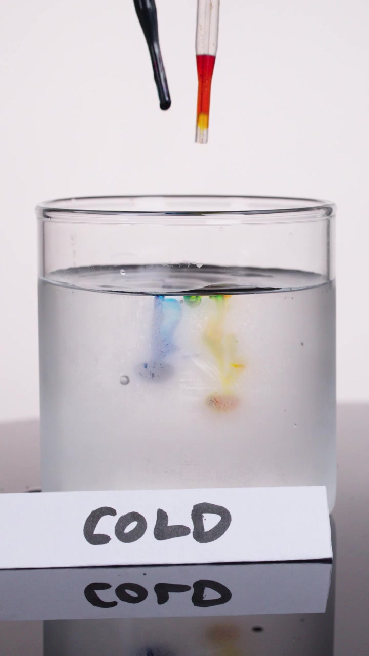 Gotas de colores se difunden lentamente en un vaso de agua fría, ilustrando principios científicos con cámara estática