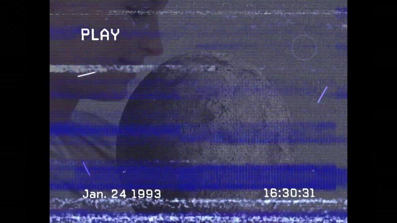 Vhs glitch effect over abstract shapes and moon against asian girl in background
