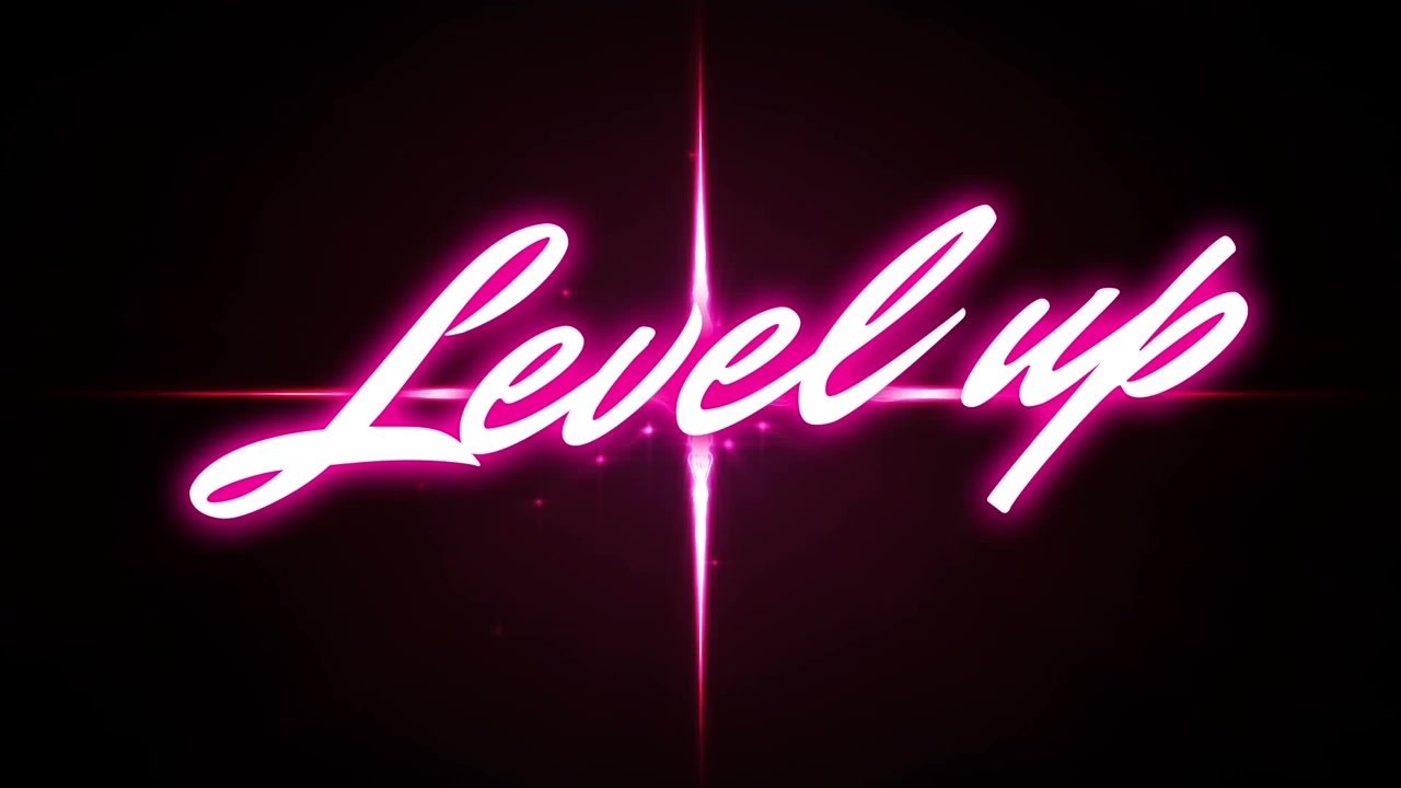 Animazione di testo neon 'level up' su una croce luminosa su sfondo nero.
