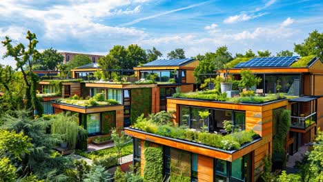 sustainable modern homes with green roofs and solar panels