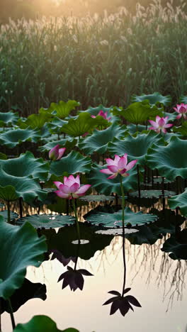 pink lotus flowers in a pond at sunrise/sunset