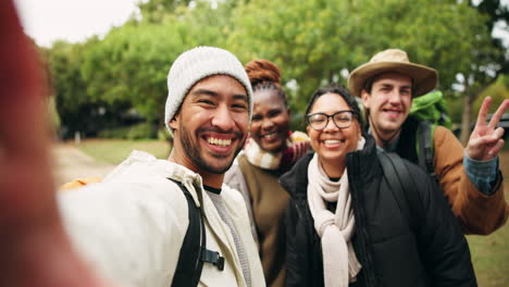 Friends,-camping-and-outdoor-with-selfie