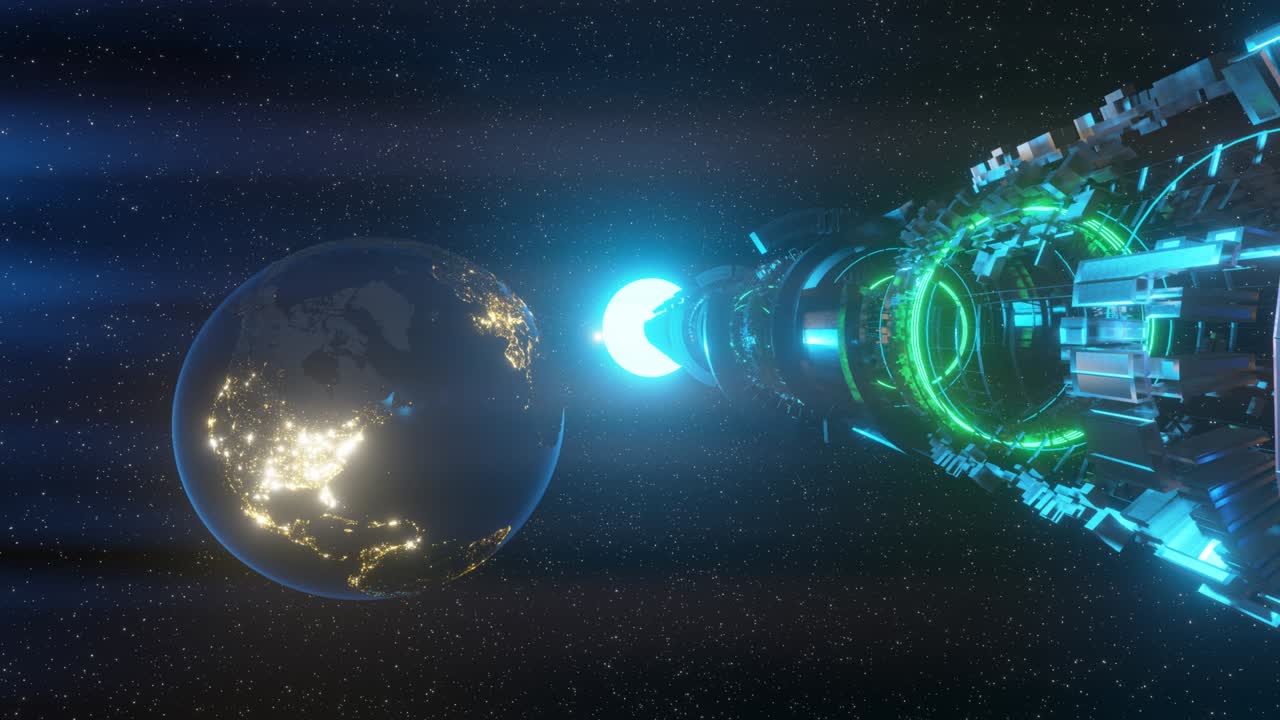 Futuristic technology space tunnel, sci-fi corridor. Cinematic camera move.