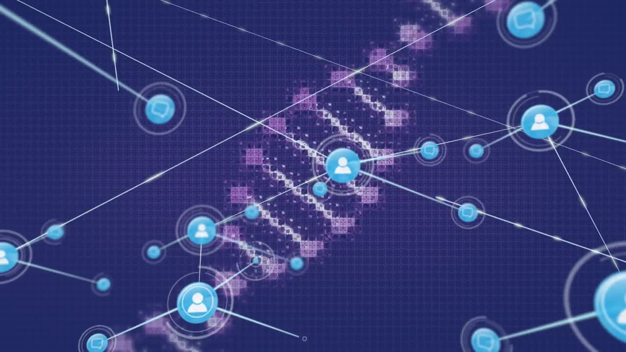 아이콘과 dna 줄무를 가진 연결 네트워크의 애니메이션