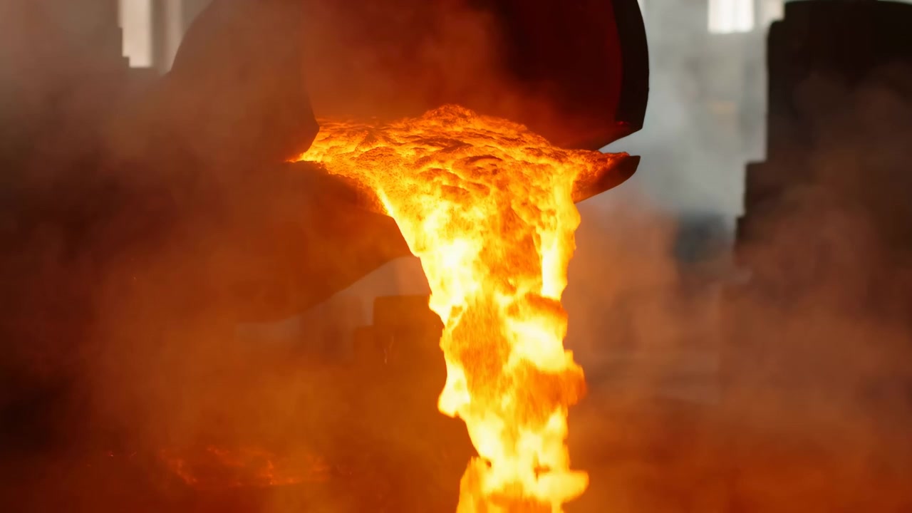 Metallo fuso che cola da siviera in stampo, cascata arancione incandescente riempie l'inquadratura con calore intenso, fumo denso