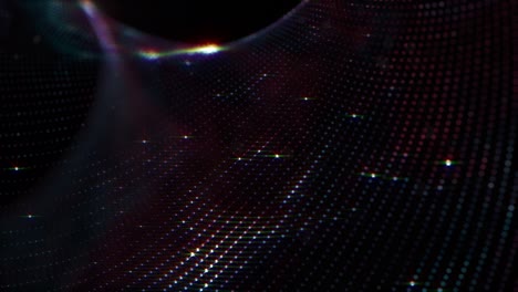 abstract 3d render technology digital dark glow dots particles wave background. 4k seamless loop motion waving dots texture with glowing particles. science, business, technology background concept.