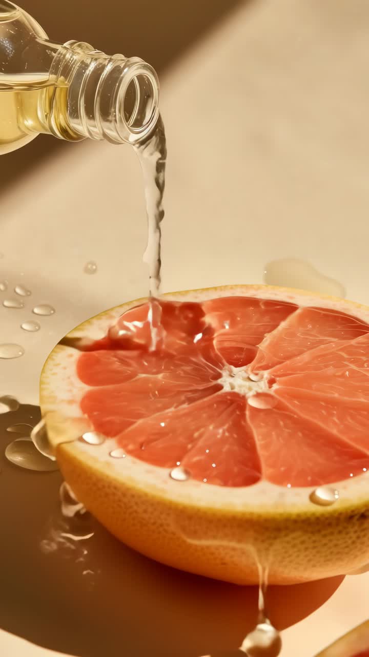 Fermo immagine video ravvicinato di olio che cola su un pompelmo tagliato a metà, catturando la consistenza e la freschezza