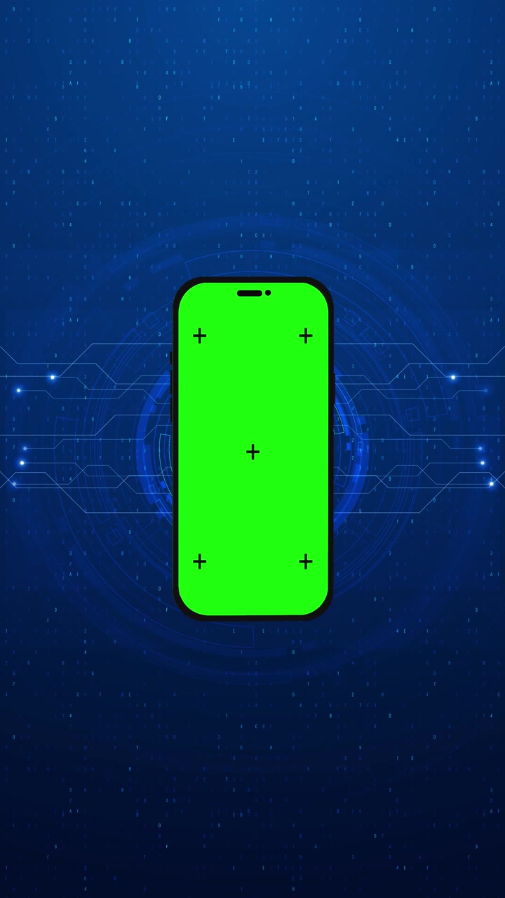 Green screen phone tech background with chroma markers blue circuit lines digital numbers and
