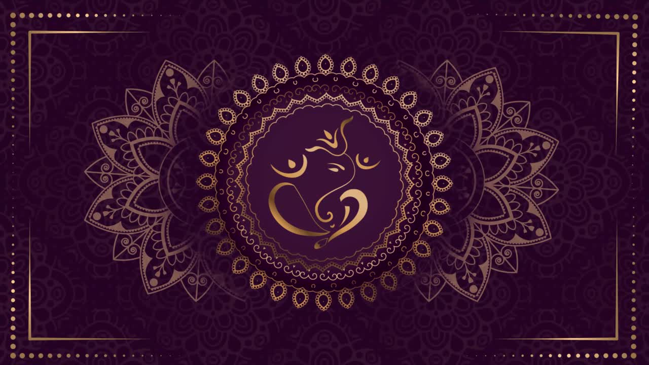 el dios indio ganesha de color púrpura dorado con fondo de mandala. animación de lujo popular. para yoga, diseño. flores abstractas púrpuras dorado bucle vp 001