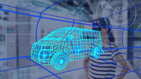 3D-Van-Modell-über-Digitalem-Tunnel-Und-Datenverarbeitung-Vor-Frau-Mit-VR-Headset