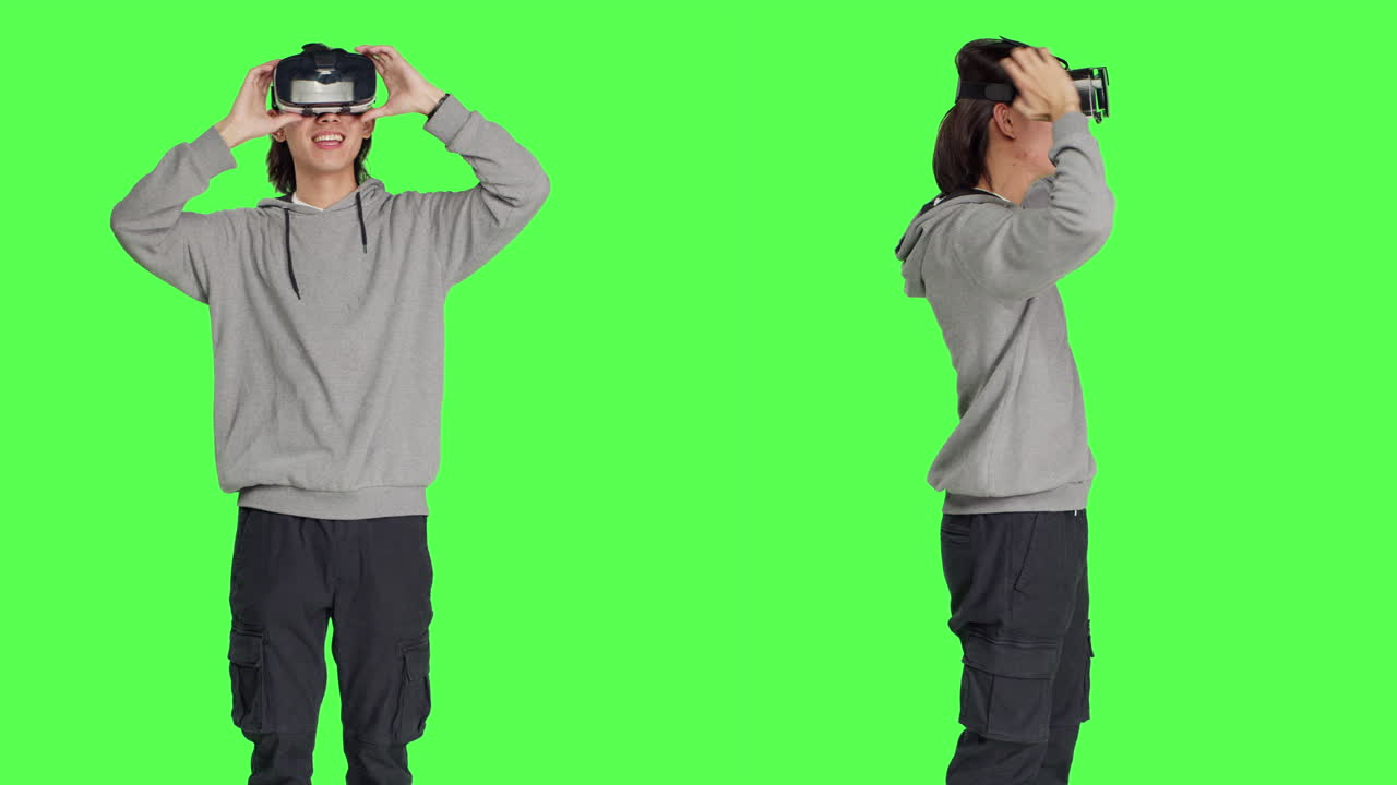 젊은 성인은 가상 현실 기술을 즐긴다.