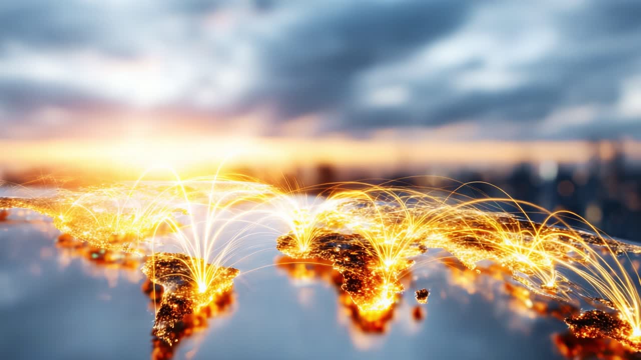 A stunning digital representation of a connected world, showcasing illuminated continents across a vast ocean with dynamic light trails symbolizing global interaction and exchange