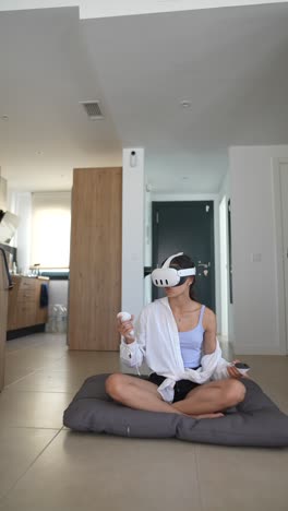 woman using vr headset at home