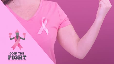 animation of breast cancer awareness text over caucasian woman