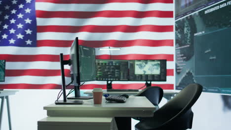 empty military control center with a big screen shows the american flag