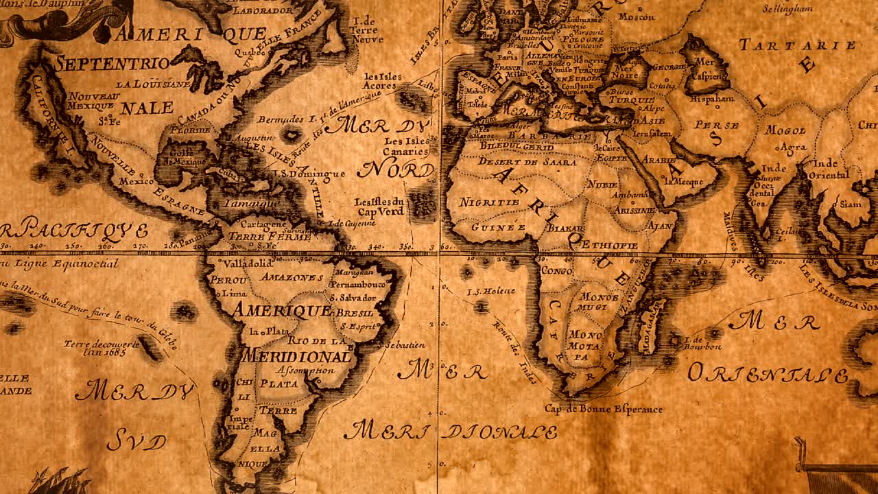 Ancienne carte océanique montrant la région du Pacifique avec des lignes de navigation et des navires.
