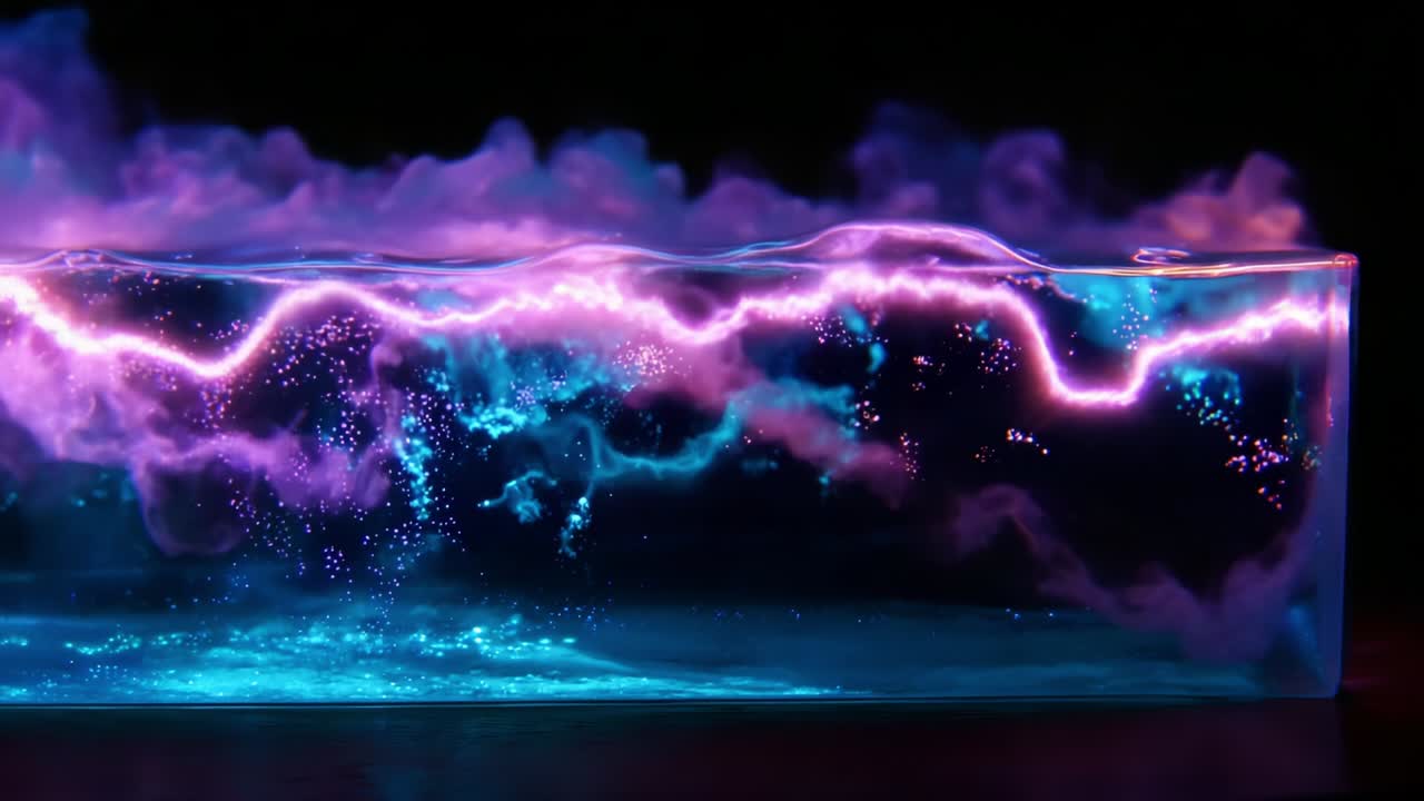 Captivating Visual of Fluid Dynamics in Motion Showcasing Vibrant, Colorful Lightning Effects Within a Transparent Structure, Merging Electric Blues and Fiery Purples for a Stunning Aesthetic Experience