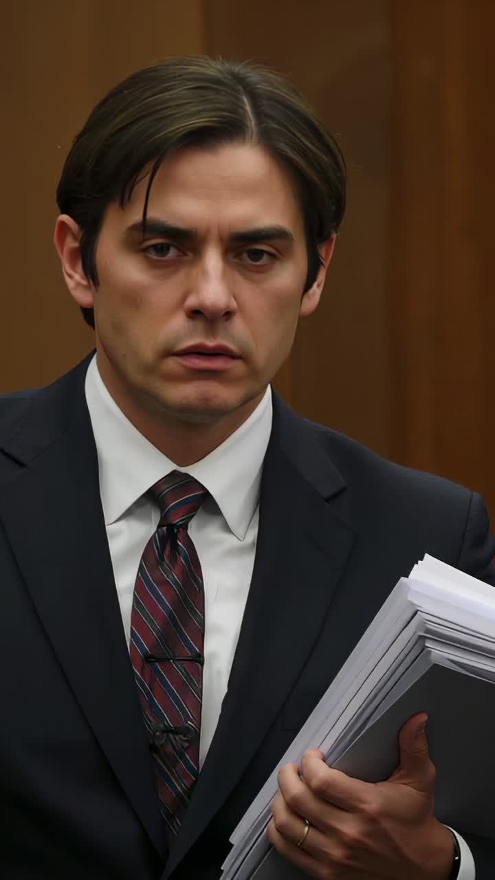 Vertical video: Camera starting, man in suit adjusting documents in court, preparing to present