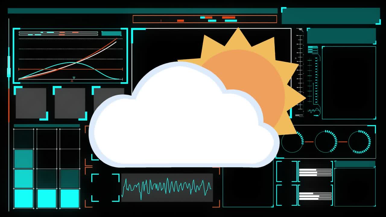 Animation of sun and cloud icon over data processing on black background