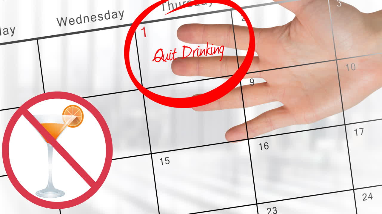 Animation of stop sign and cocktail, with hand and quit drinking text on january 1 of calendar