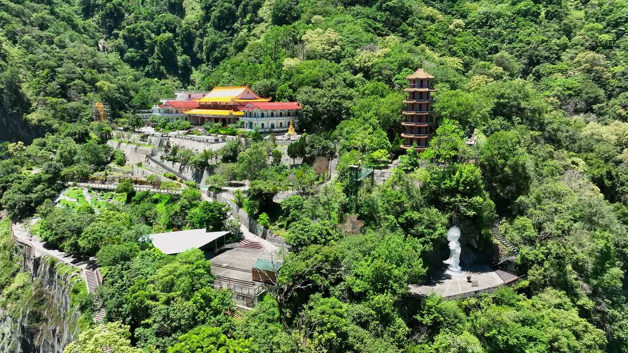 Aerial view of stunning Changchun Temple area located on green hill of Taronko Nationalpark, Taiwan
