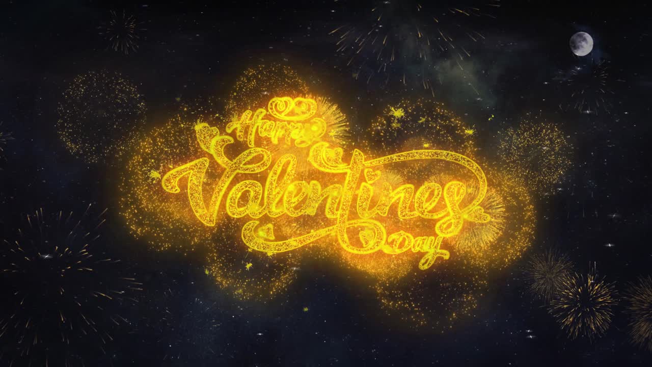 Rivelazione tipografica del testo di San Valentino da particelle di fuochi d'artificio dorati nel cielo notturno, sfondo 4K