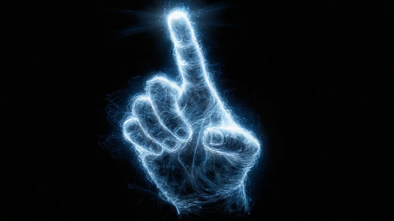 Uno Sguardo Accattivante a un Dito Luminoso che Punta Verso l'Alto, Illuminando con Luce Eterea su uno Sfondo Scuro, Simboleggiando Idee, Ispirazione e Possibilità