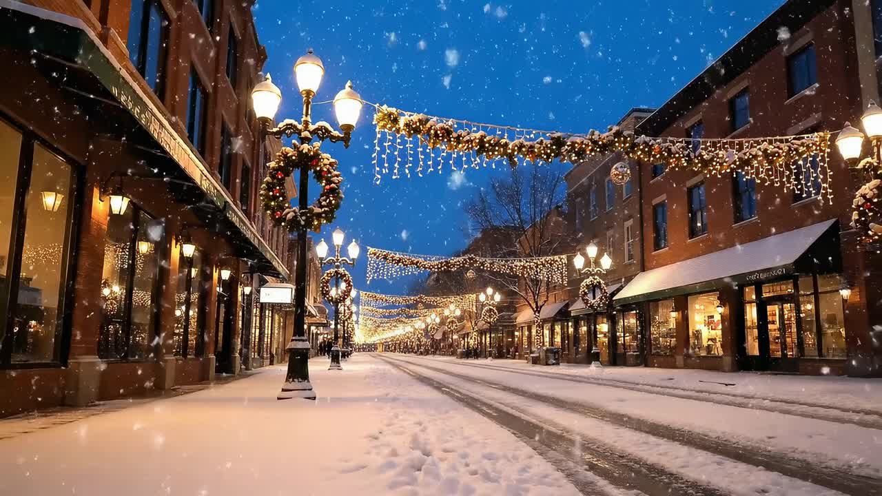 Festive street scene at eye level, snow falling, capturing a holiday ambiance like a video