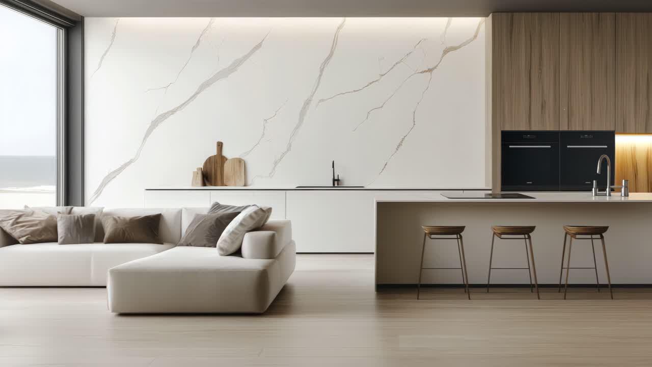 Modern minimalist living room with ocean view, shot from a wide-angle perspective