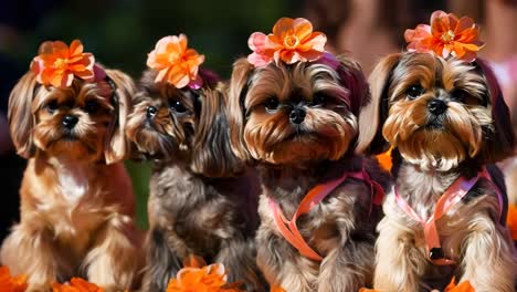 un grupo de perros pequeños con flores en sus cabezas