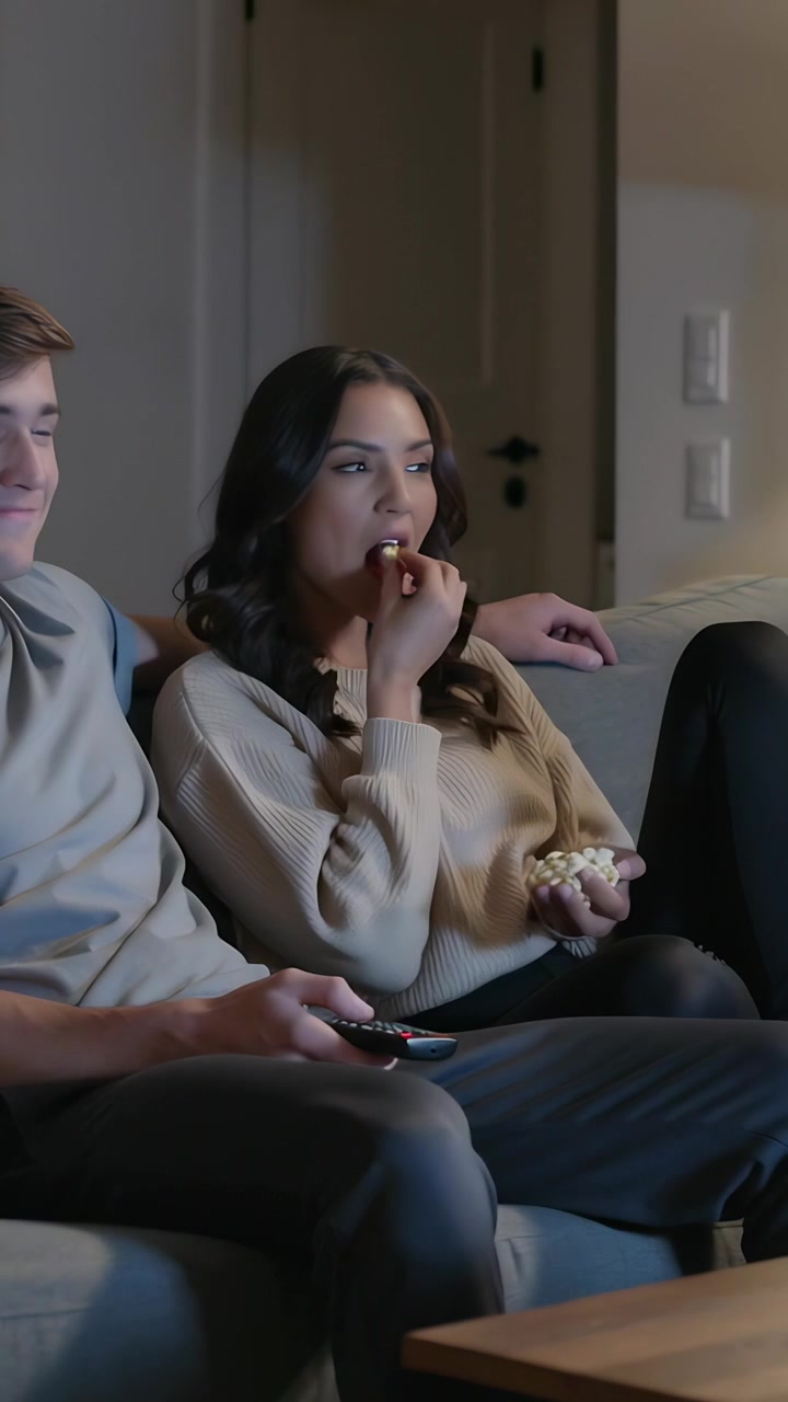 Vertikal video: Par ser film med fjernbetjening og spiser popcorn på sofaen, mens filmen starter, iført sweater