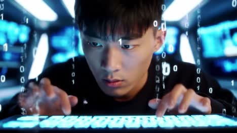 an intense focus on digital mastery: exploring the journey of a young programmer surrounded by streams of binary code in a high-tech environment