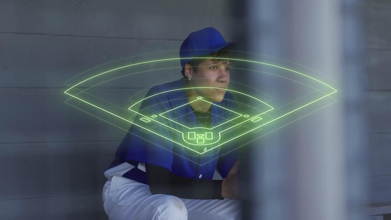 Animation of baseball court over biracial female baseball player